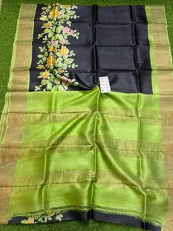 Tussar Silk Saree Traditional Block Type Printed Border And Pallu And Attach Contast Blouse Piece